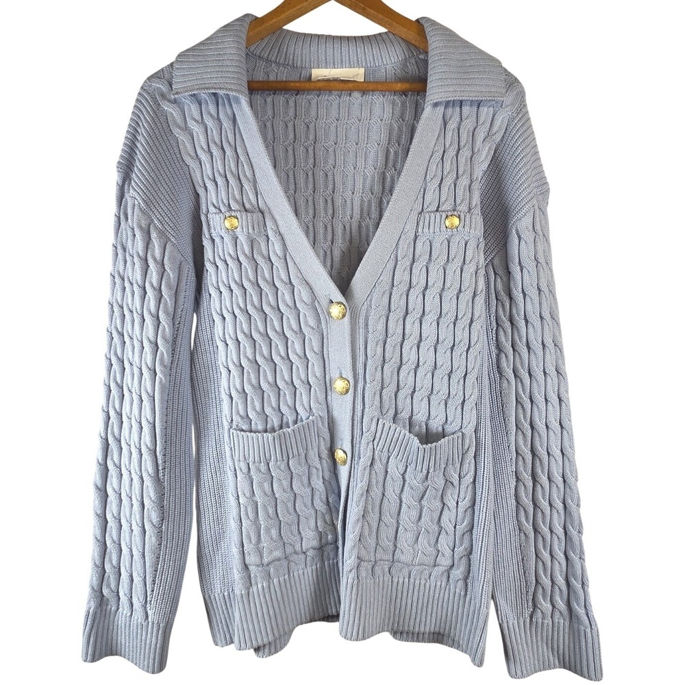 Anthropologie Cable Knit Cardigan Sweater Womens Small Blue Gold Button Preppy